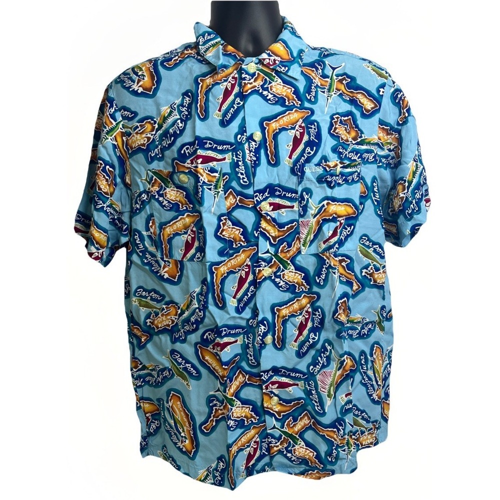 Vintage Guess Jeans USA Men's Large Hawaiian Print Shirt ‎ Tropical Islands